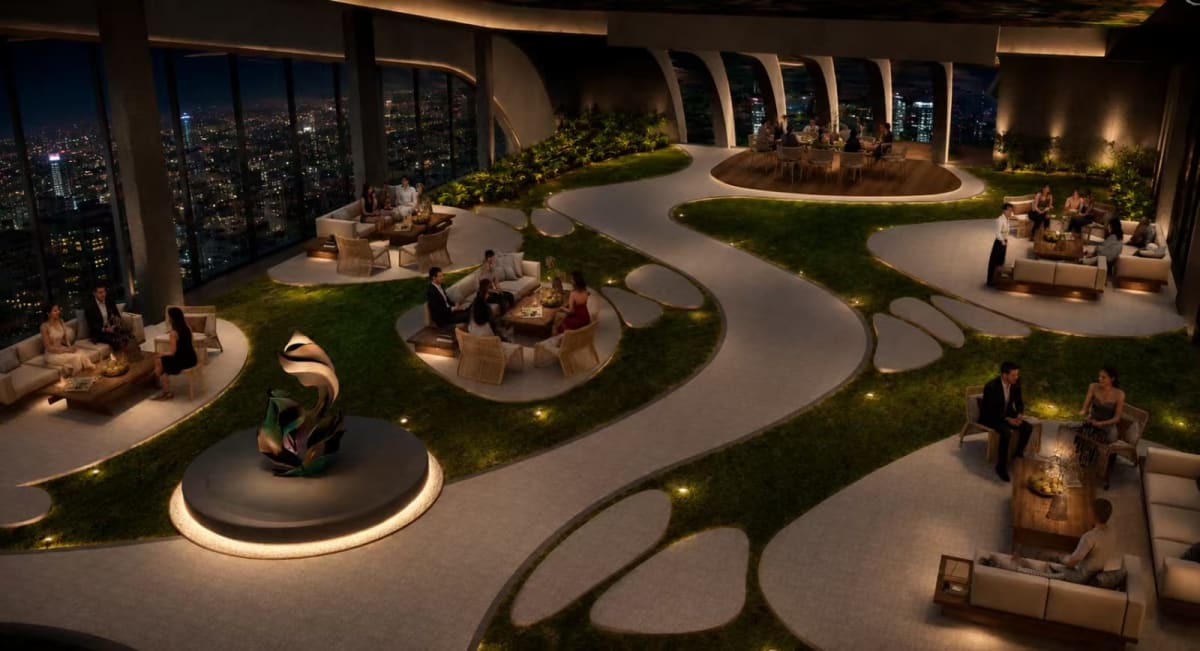 597 sqm residents sky lounge with organic curving lawns, illuminated art, and private entertaining alcoves
