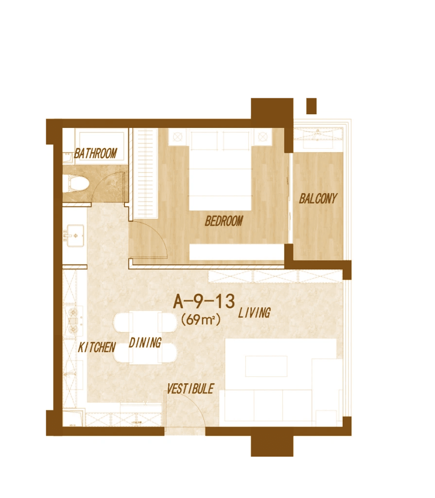 1 Bedroom Apartment Type CO layout diagram (68.9 sqm) with separate bedroom and dual balconies