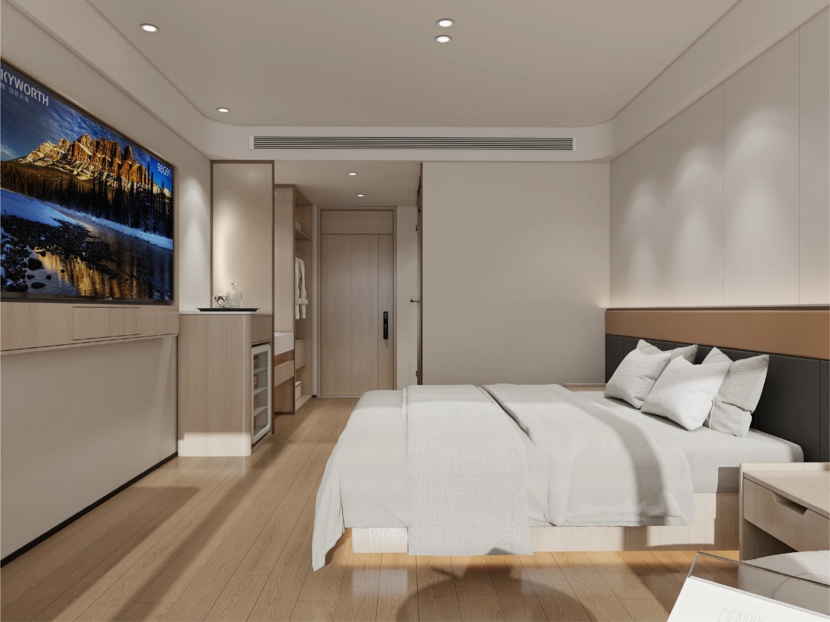 Refined 1 Bedroom interior living room featuring warm oak joinery and full-height glazing
