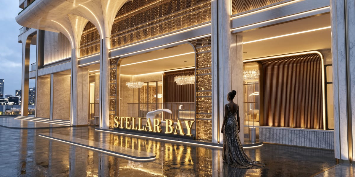 600 sqm double-height arrival lobby featuring hotel-grade concierge reception and elegant resident waiting lounges