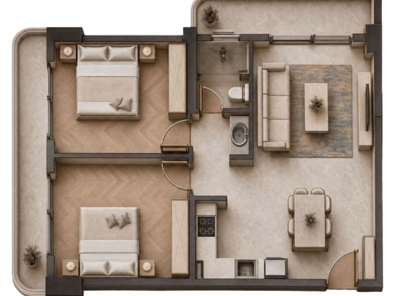 2-Bedroom Apartment (Block B) Layout & Visuals