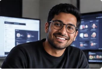 Portrait of a smiling South Asian man wearing glasses and a black shirt in a digital design workspace.