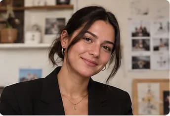 Portrait of a smiling woman with dark hair wearing a black blazer in a bright creative studio.