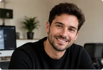Portrait of a smiling man with dark hair wearing a black sweater in a modern creative workspace.