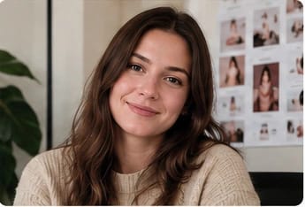 Portrait of a woman with long brown hair wearing a cream sweater in a modern creative office.