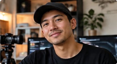 Portrait of a smiling man wearing a black cap and shirt in a video production workspace.