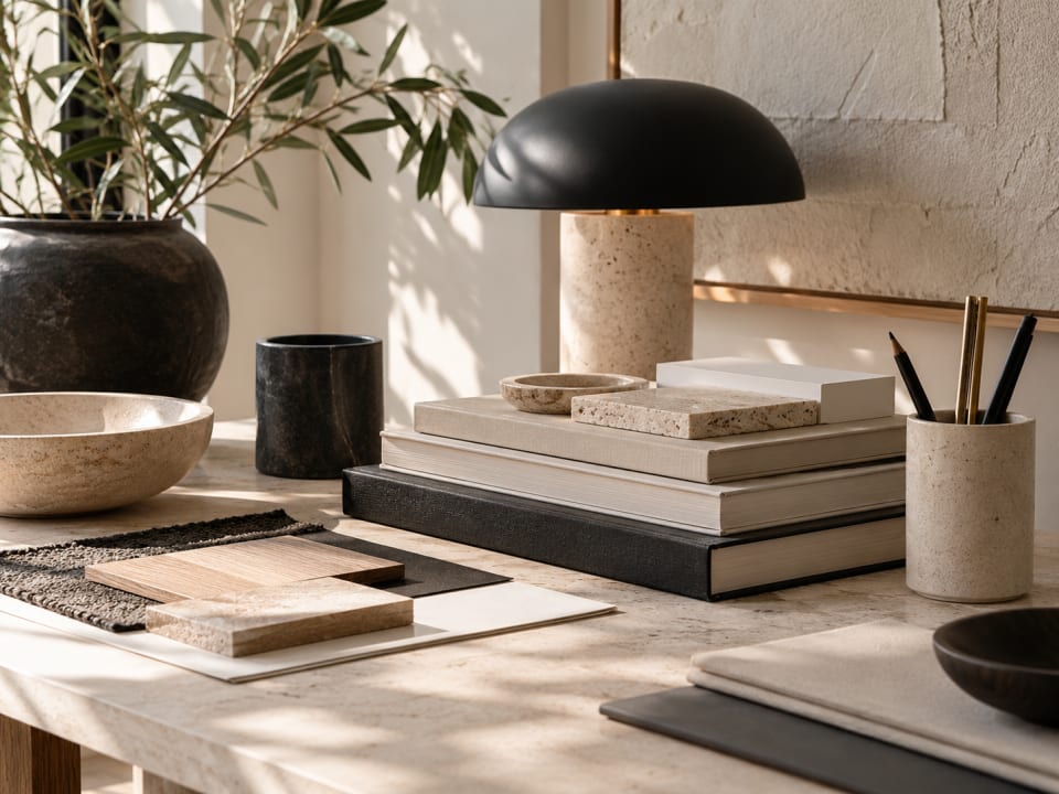 Close-up of a minimalist design studio desk featuring a black sculptural lamp, stacked design books, natural stone samples, ceramic accessories, and warm sunlight.