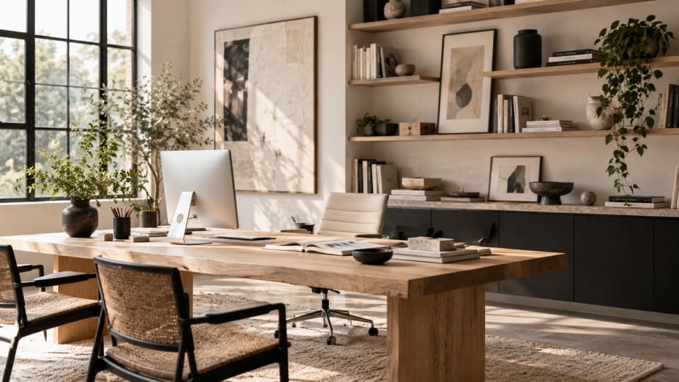 Minimalist creative studio interior featuring a spacious wooden desk, desktop computer, natural lighting, modern furniture, and curated design decor.