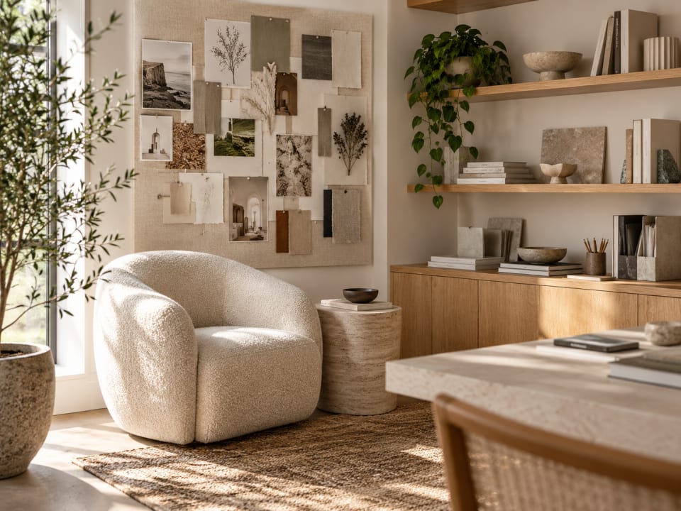 Warm contemporary creative studio corner featuring an inspiration mood board, textured lounge chair, wooden shelves, design materials, and indoor plants.