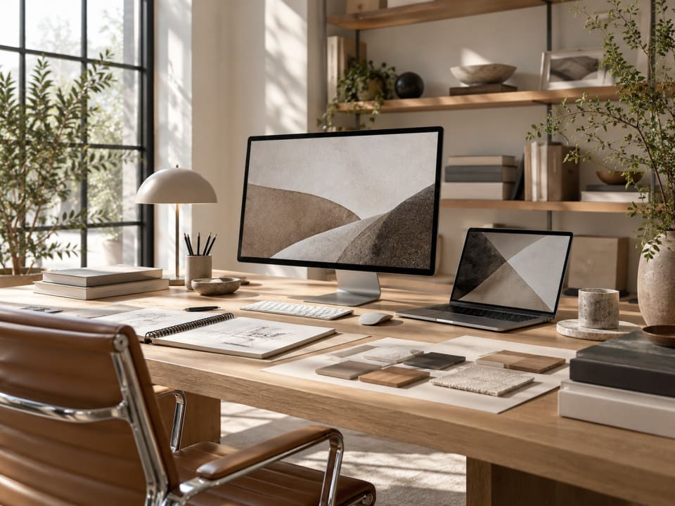 Modern graphic design workspace with a desktop monitor, laptop, creative sketches, material samples, and wooden desk illuminated by natural sunlight.