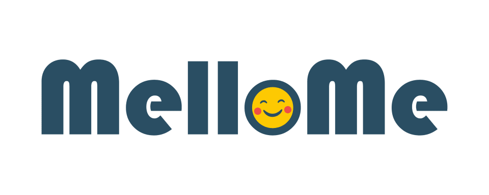 MelloMe logo featuring a bold rounded dark-blue wordmark with a playful yellow smiling face incorporated into the lettering.