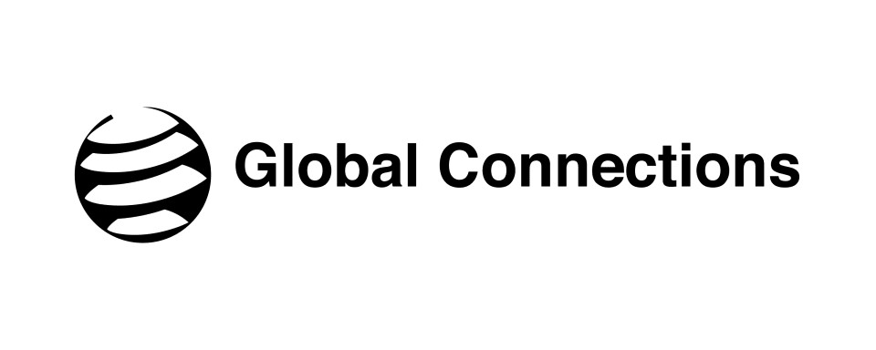 lobal Connections logo featuring a black circular globe-inspired symbol with flowing curved stripes and a modern sans-serif wordmark.