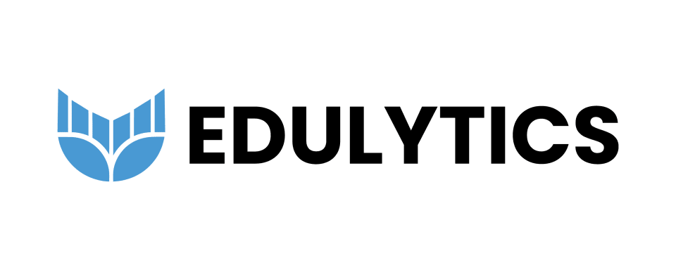 Edulytics logo featuring a geometric blue open-book-inspired symbol beside a bold black uppercase wordmark.