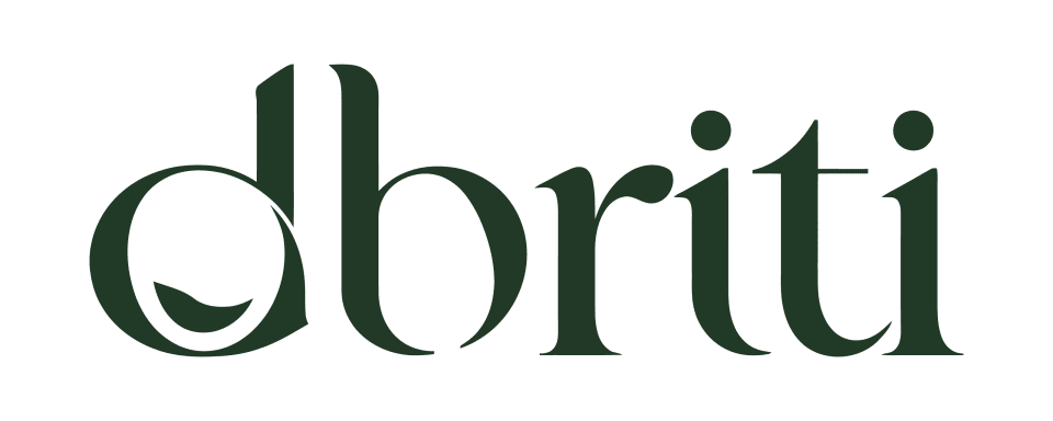 Dhriti brand logo featuring an elegant dark-green serif wordmark with distinctive curved letterforms on a white background.