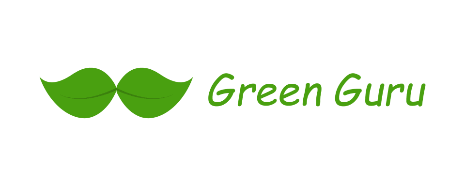 Green Guru logo featuring two stylized bright-green leaves forming a moustache-like symbol beside a handwritten green wordmark.