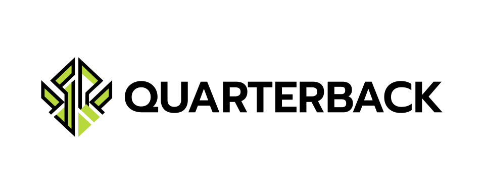 Quarterback brand logo featuring an angular black and lime-green geometric symbol alongside a bold uppercase wordmark.