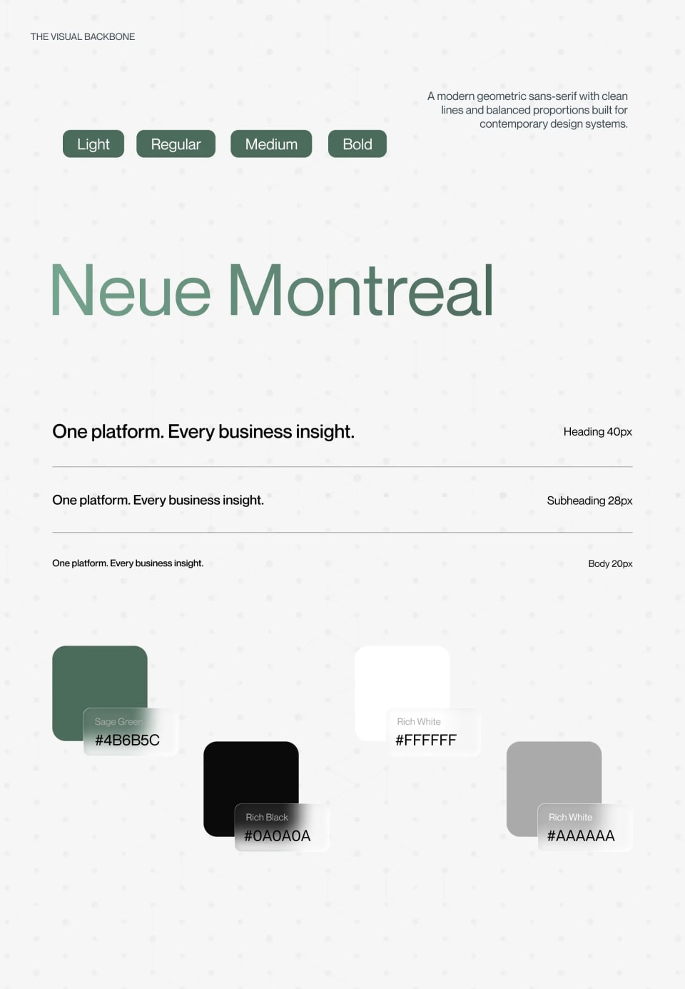 A design system guide for the Shape platform titled "The Visual Backbone," detailing the use of the geometric sans-serif "Neue Montreal" font family and a clean color palette including Sage Green, Rich Black, and Rich White.