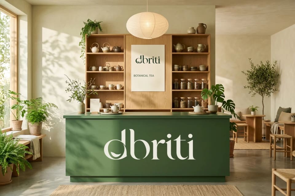 A bright, serene tea shop interior for Dhriti, featuring a large Forest green counter displaying the white logo, wooden shelving filled with tea pots and jars, and plenty of natural light and green plants.