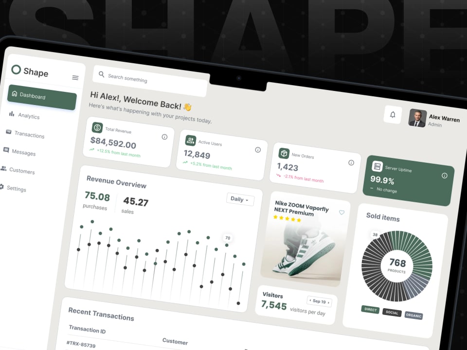 A high-fidelity, full-screen mockup of the Shape business dashboard on a laptop display, featuring intuitive charts, revenue overviews, and recent transaction logs for an admin user named Alex Warren.