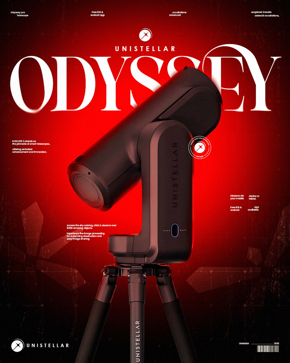 A black Unistellar Odyssey smart telescope on a tripod featured over a bold red background with large white typography.
