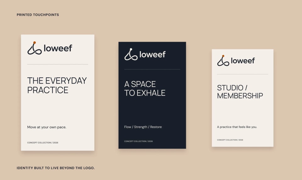 A mockup of three Loweef printed touchpoints or cards set against a Sand background, featuring minimal designs and copy like "The Everyday Practice," "A Space to Exhale," and "Studio / Membership."