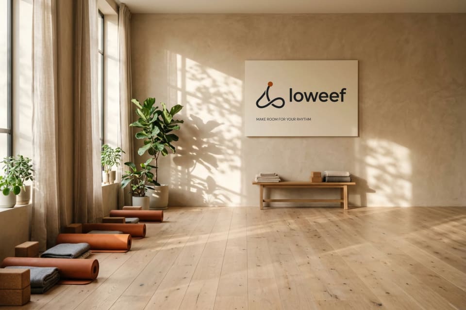 A serene, sunlit yoga or movement studio interior for Loweef, featuring light wood floors, large windows with sheer curtains, potted plants, neatly arranged yoga mats and blocks, and a large wall sign displaying the brand logo.