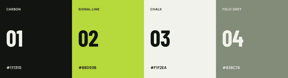 The official Quarterback brand color palette displaying four vertical swatches: Carbon (black), Signal Lime (neon green), Chalk (off-white), and Field Grey (muted green-grey), complete with hex codes.