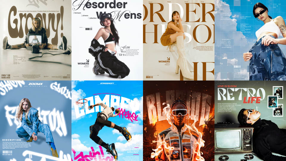 A dynamic collage displaying eight creative digital fashion posters, showcasing photo manipulations for edgy streetwear, sports apparel, and high-fashion editorial campaigns.