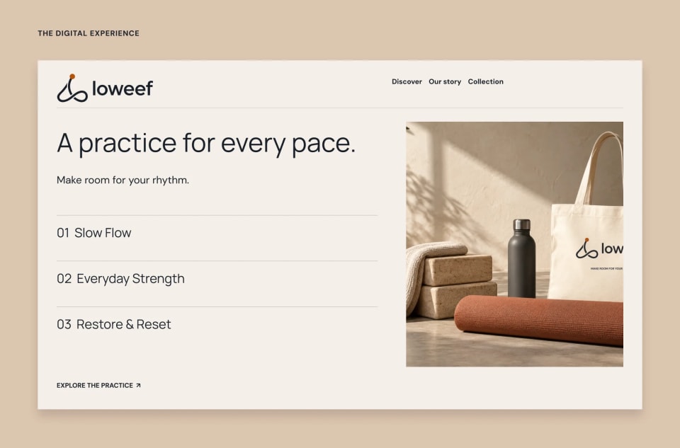 A clean, calming website interface mockup for the Loweef mindful movement studio, featuring the headline "A practice for every pace." and listing classes like "Slow Flow" and "Everyday Strength," alongside an image of the studio's yoga equipment.