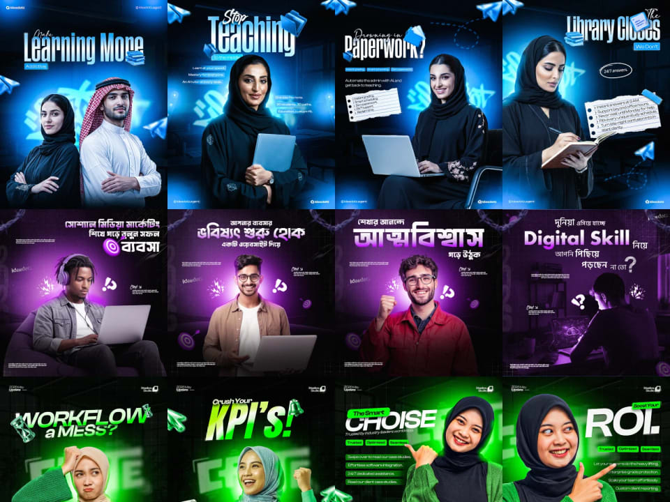 A comprehensive grid collage displaying twelve digital advertising posters across three distinct color-coded campaigns: a glowing blue educational technology series, a purple digital skills series with Bengali text, and a vibrant green business marketing series focusing on workflow, KPIs, and ROI.