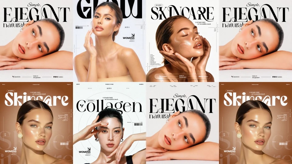 A seamless collage of eight beauty and skincare advertisement posters, showcasing radiant models highlighting natural elegance, glowing skin serums, and modern editorial layouts.