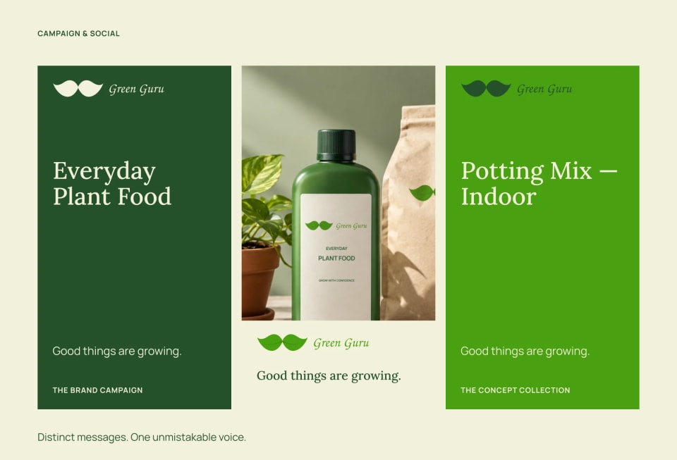 A three-panel layout showcasing the Green Guru campaign style, featuring bold text blocks in dark green and bright green flanking a central image of a green plant food bottle and a brown paper bag next to a potted plant.