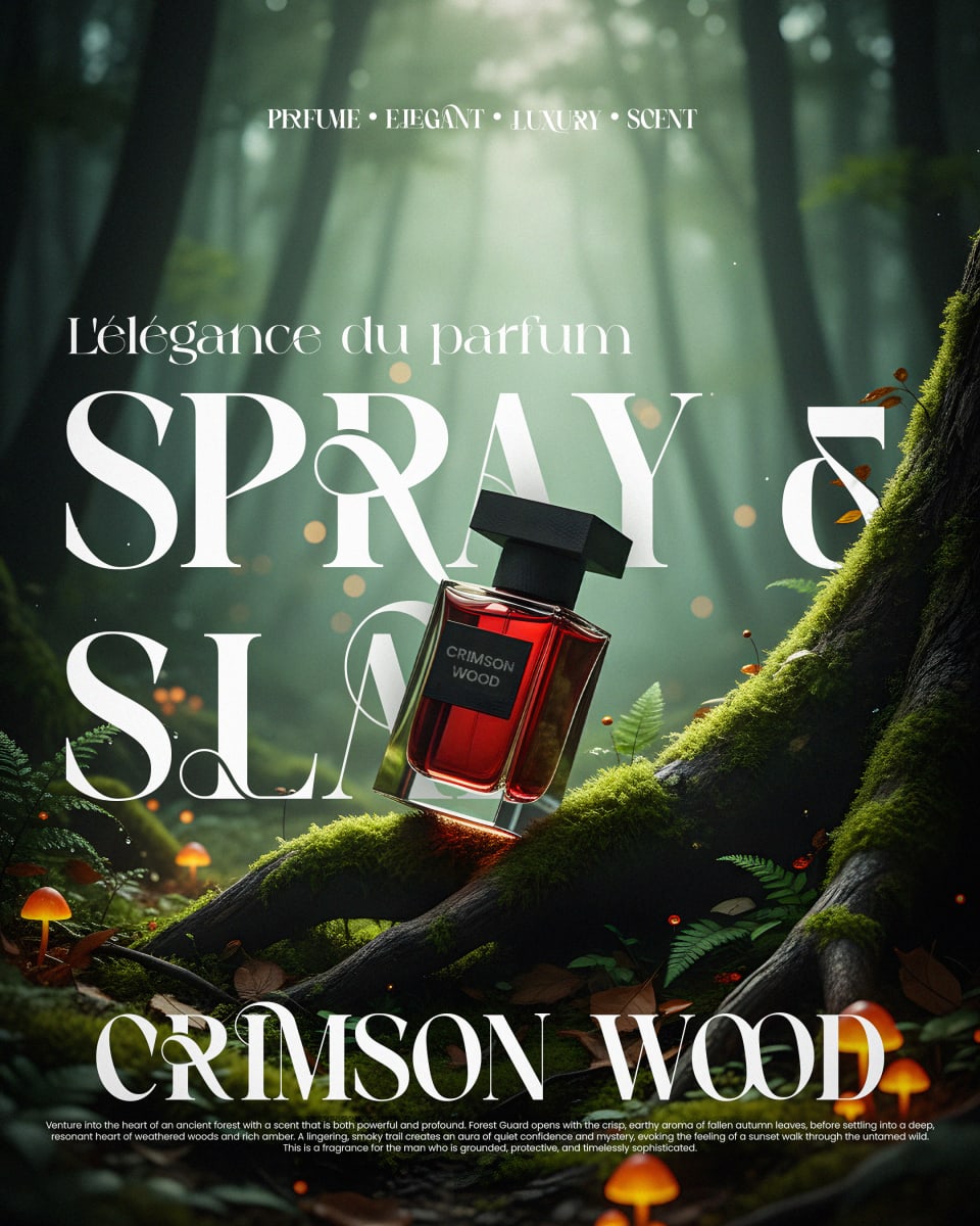 A cinematic poster for Crimson Wood perfume, showcasing a red fragrance bottle resting on a moss-covered tree branch in a magical forest environment with glowing mushrooms.