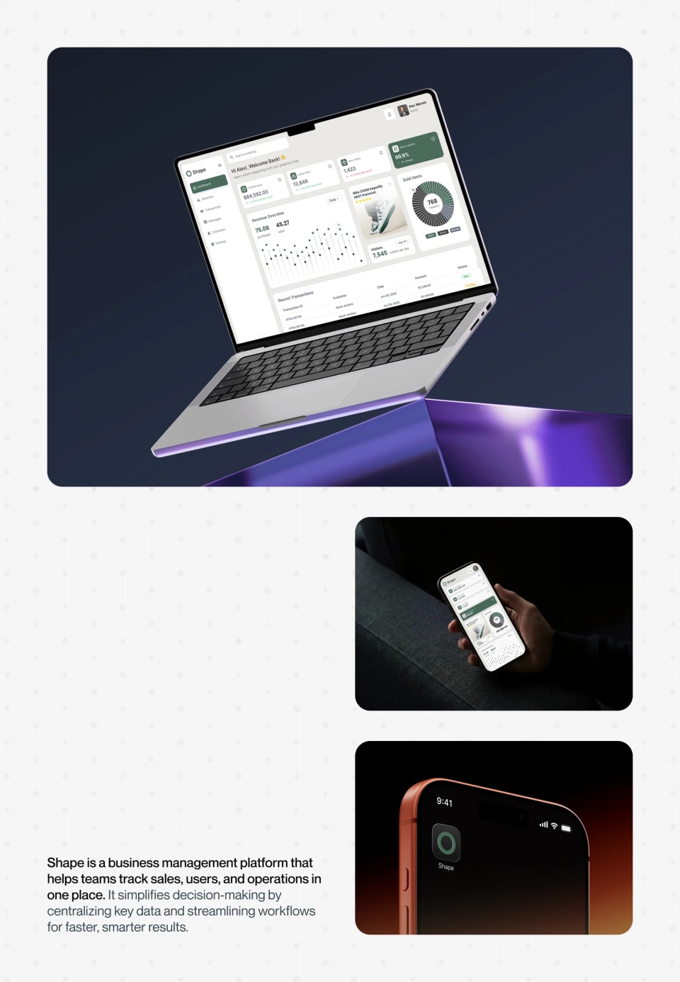 A promotional presentation graphic featuring an angled laptop and a mobile phone displaying the Shape dashboard, along with a close-up of the Shape app icon on an iPhone screen, accompanied by descriptive text about centralizing operations.