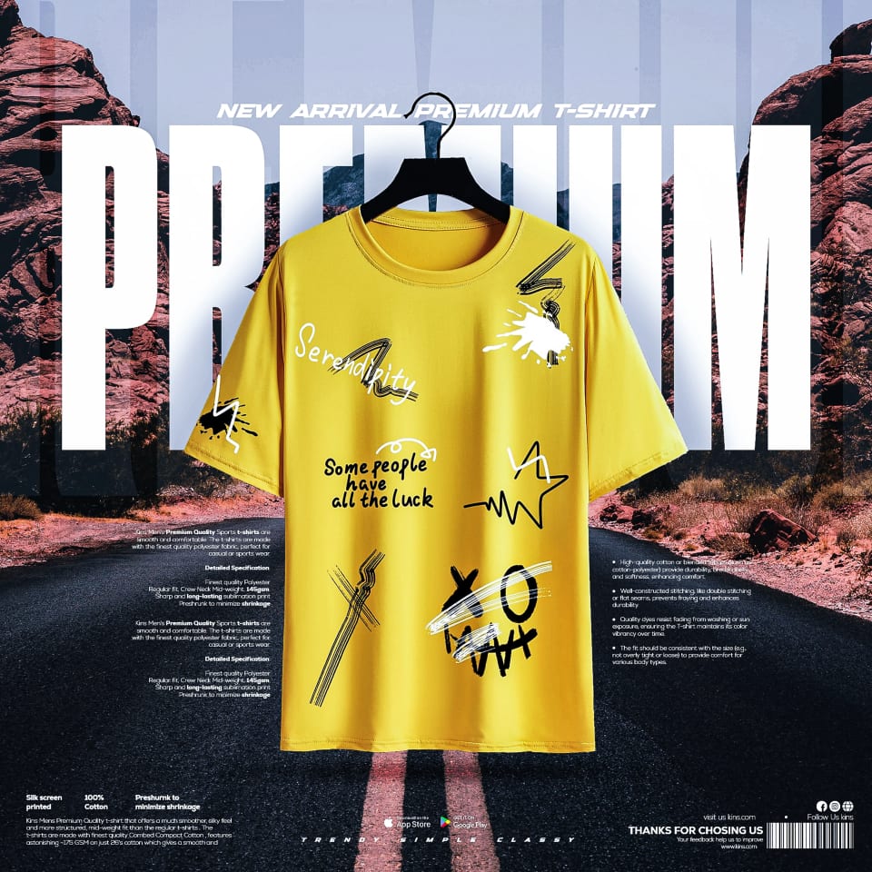 A vibrant yellow premium t-shirt featuring graffiti-style graphics and the text "Serendipity" and "Some people have all the luck", set against a rugged, red rocky landscape background.