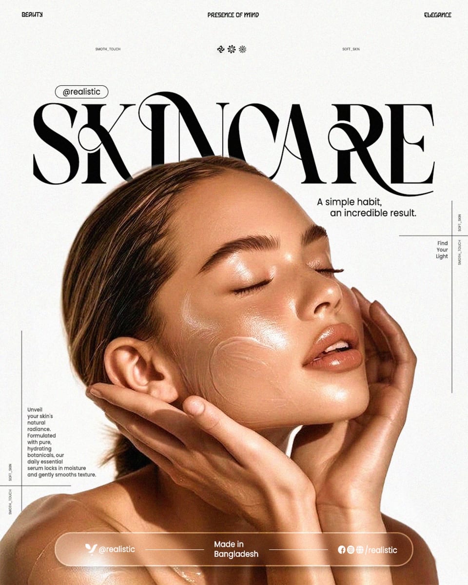 A skincare advertisement showing a female model with her eyes closed, gently applying a clear moisturizing serum to her glowing cheek, under bold "SKINCARE" text.