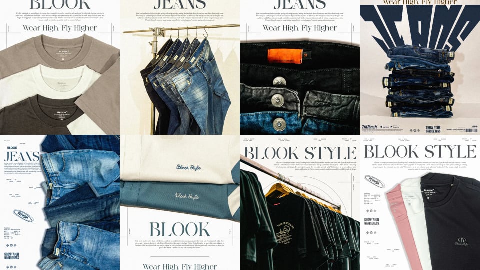 A grid collage of eight apparel advertisement posters for the Blook Style brand, featuring clean product photography of folded and hanging denim jeans, polo shirts, and casual t-shirts.