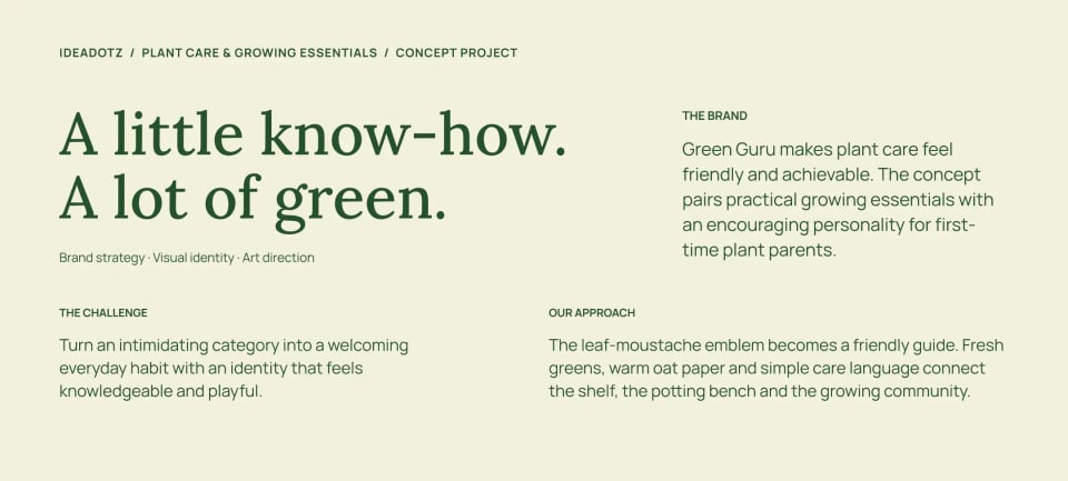 The brand story presentation slide for Green Guru, detailing the concept of friendly plant care with the headline "A little know-how. A lot of green." set against an Oat-colored background.
