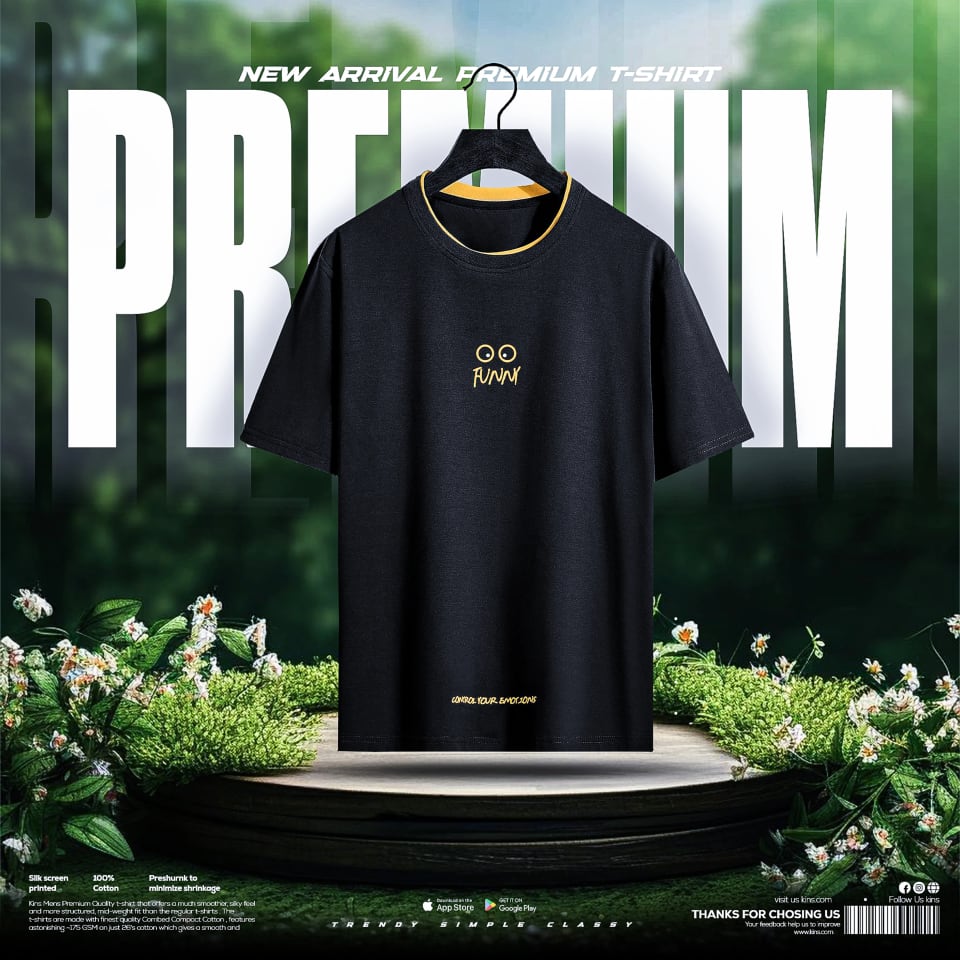 A black crew neck t-shirt with a yellow collar trim and a small "FUNNY" graphic, showcased on a wooden hanger resting on a wooden platform in a mystical garden setting.