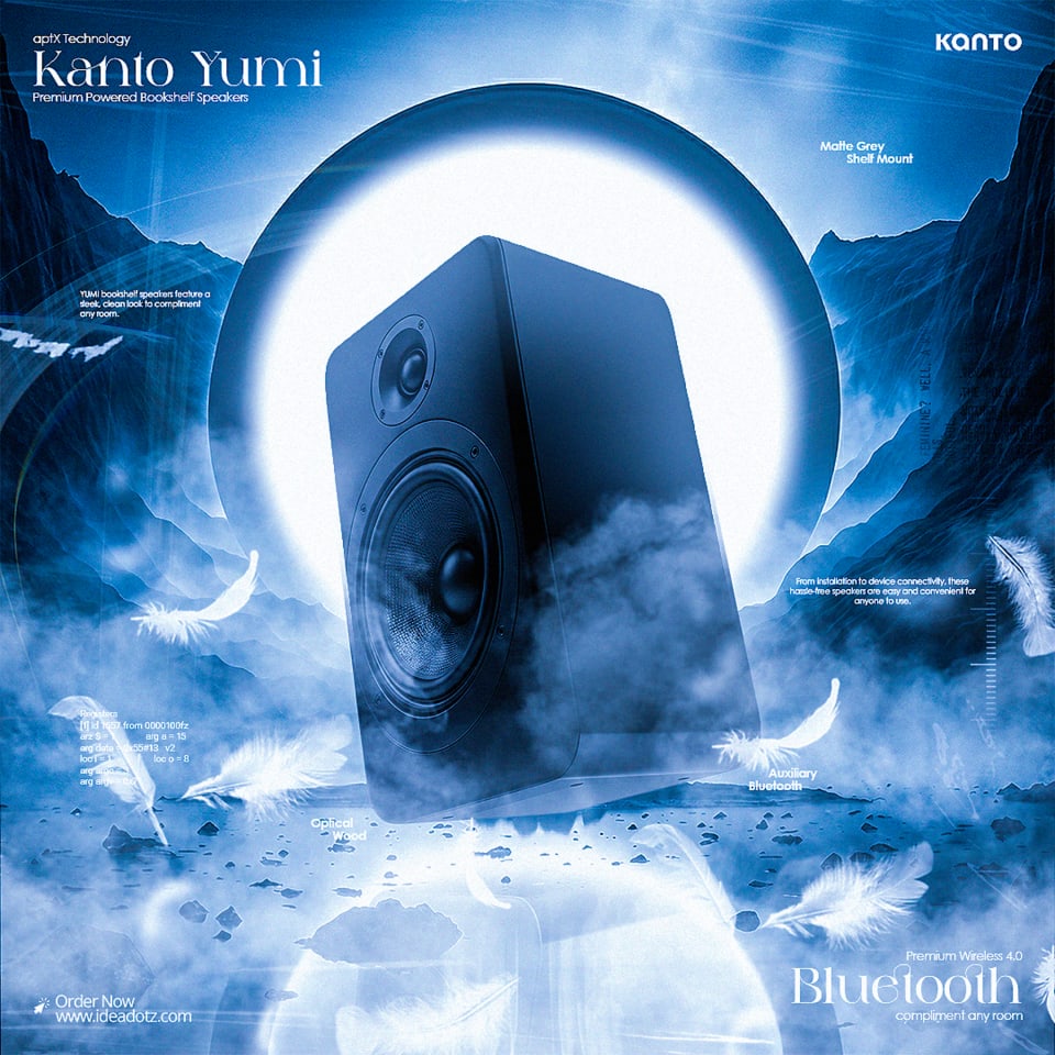 A surreal poster design for Kanto Yumi bookshelf speakers, showcasing a black speaker floating in a glowing, mystical blue icy landscape surrounded by mist and white feathers.