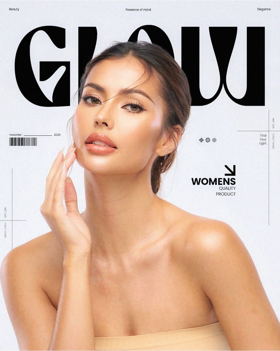 A minimalist beauty editorial poster featuring a radiant female model touching her cheek, placed in front of large, bold black typography that reads "GLOW."