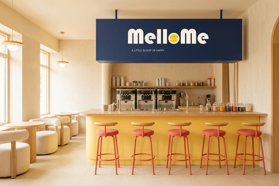 A bright, modern frozen yogurt shop interior for MelloMe, featuring a large yellow counter, coral pink bar stools, soft beige seating, and a prominent dark blue overhanging sign displaying the brand logo.