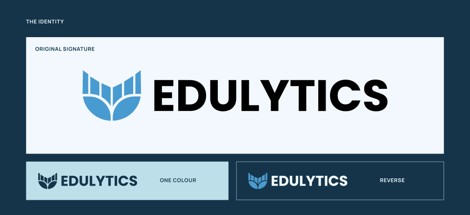 The visual identity presentation for Edulytics, showcasing the primary logo featuring a stylized blue book-and-leaf emblem, alongside single-color and reversed logo variations on dark blue backgrounds.