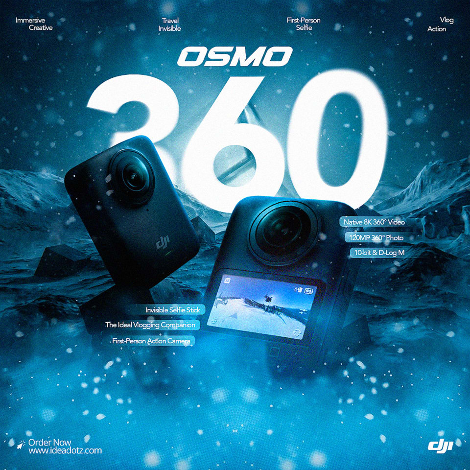 An action-themed advertisement for a DJI Osmo camera, displaying both the front lens and the back screen interface set in a dramatic, frosty, snow-covered mountain environment.
