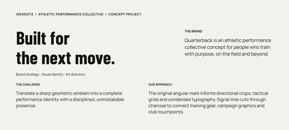 The brand story presentation slide for Quarterback, detailing the athletic performance concept with the bold headline "Built for the next move." on a light grey background.