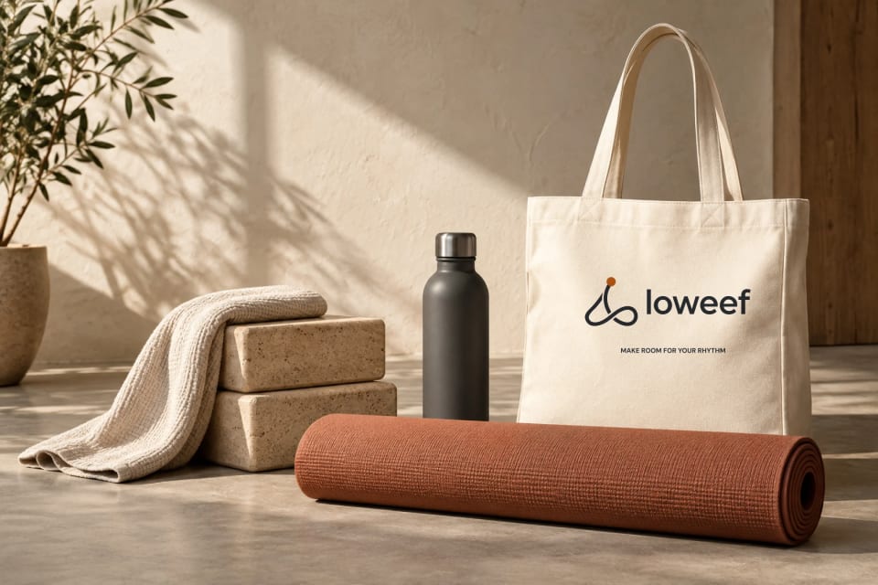 The main cover image for the Loweef brand project, displaying a rolled Clay-colored yoga mat, cork blocks, a folded towel, a black water bottle, and a branded canvas tote bag in a warm, naturally lit studio setting.