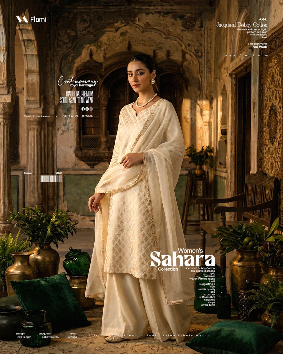 A female model wearing a cream Jacquard Dobby Cotton ethnic kurta and wide pants from the Flami Women's Sahara Collection, posing in a traditional South Asian courtyard.