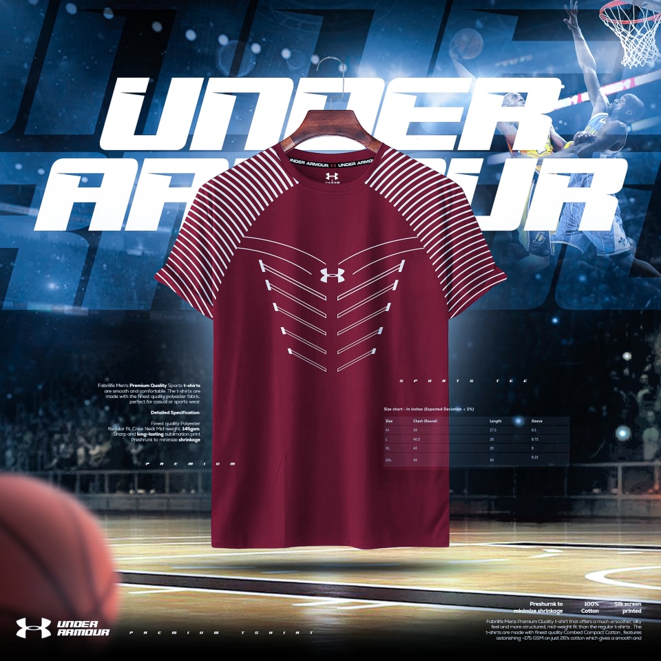 A maroon Under Armour sports t-shirt with white linear graphics hanging on a hanger, set against a dynamic basketball court background showing players in action.