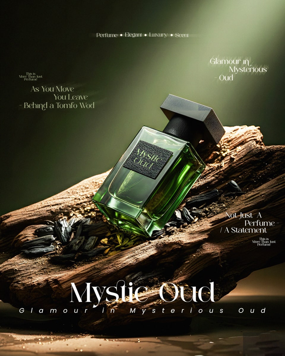 A dramatic advertisement for Mystic Oud perfume, displaying a green bottle resting on rustic wood alongside dark wood chips, illuminated by a striking green spotlight.