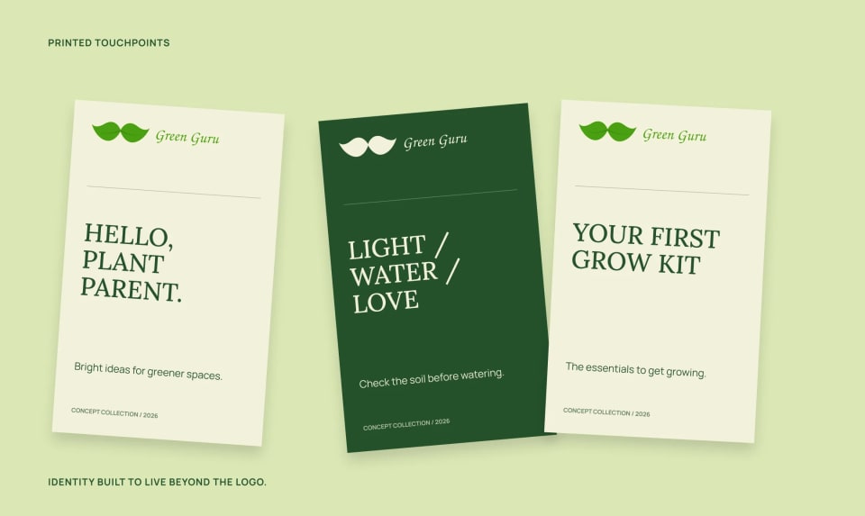 A mockup of three Green Guru printed touchpoints or cards set against a Seedling light green background, featuring friendly copy like "Hello, Plant Parent." and "Light / Water / Love."